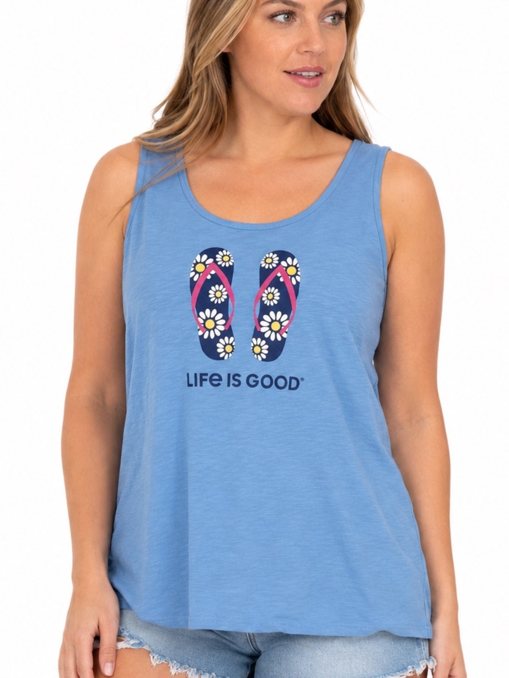 Life Is Good Women’s L Blue Flip Flop Daisy Graphic 100% Cotton Tank Top Beach